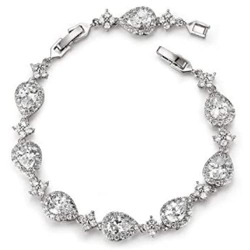 SWEETV Wedding Teardrop Bracelets for Brides Bridesmaids, Crystal Cubic Zirconia Bridal Bracelets for Women Prom