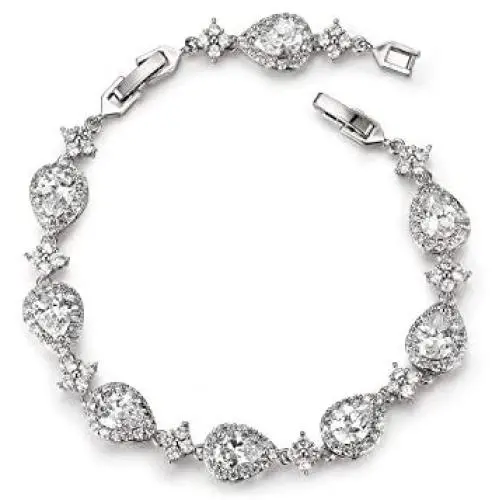 SWEETV Wedding Teardrop Bracelets for Brides Bridesmaids, Crystal Cubic Zirconia Bridal Bracelets for Women Prom