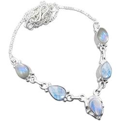 925 Silver Plated 6.50ctw Genuine Rainbow Moonstone Necklace