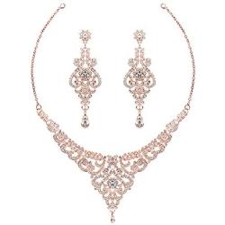Hapibuy Crystal Wedding Jewelry Set Necklace Earring Set For Women and Brides Rose Gold and Silver Bridal Statement Jewelry Sets