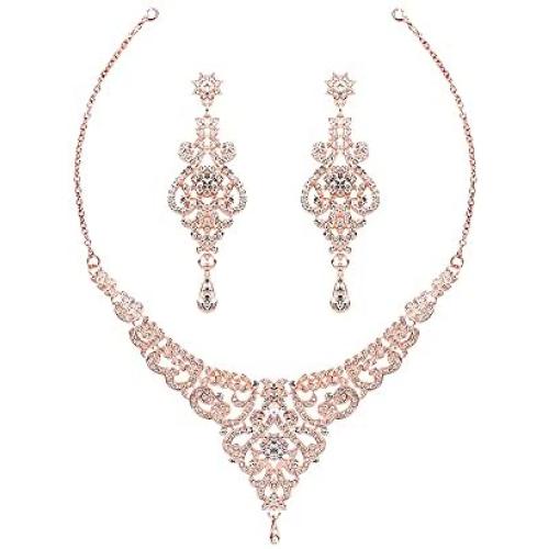 Hapibuy Crystal Wedding Jewelry Set Necklace Earring Set For Women and Brides Rose Gold and Silver Bridal Statement Jewelry Sets