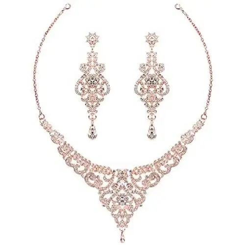 Hapibuy Crystal Wedding Jewelry Set Necklace Earring Set For Women and Brides Rose Gold and Silver Bridal Statement Jewelry Sets Hapibuy Crystal Wedding Jewelry Set Necklace Earring Set For Women and Brides Rose Gold and Silver Bridal Statement Jewelry Sets