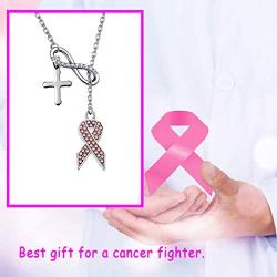 POTIY Breast Cancer Awareness Jewelry Pink Ribbon Breast Cancer Y Necklace with Cross Charm Gift for Christian Women Girls