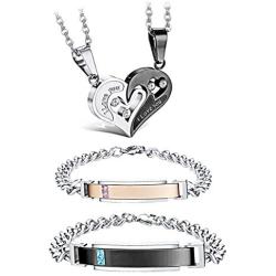 Udalyn 4Pcs Couple Necklace Bracelets Matching for Couples Love Heart Pendant Stainless Steel Necklace Boyfriend and Girlfriend Couples Jewelry Gifts for Him and Her