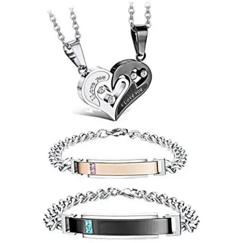 Udalyn 4Pcs Couple Necklace Bracelets Matching for Couples Love Heart Pendant Stainless Steel Necklace Boyfriend and Girlfriend Couples Jewelry Gifts for Him and Her Udalyn 4Pcs Couple Necklace Bracelets Matching for Couples Love Heart Pendant Stainless Steel Necklace Boyfriend and Girlfriend Couples Jewelry Gifts for Him and Her