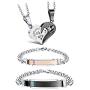 Udalyn 4Pcs Couple Necklace Bracelets Matching for Couples Love Heart Pendant Stainless Steel Necklace Boyfriend and Girlfriend Couples Jewelry Gifts for Him and Her