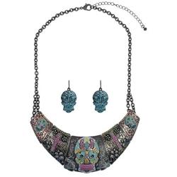 Sugar Skull Patina Burnish Multi Tone Plated Handpainted Statement 19 Inch Necklace and Earrings