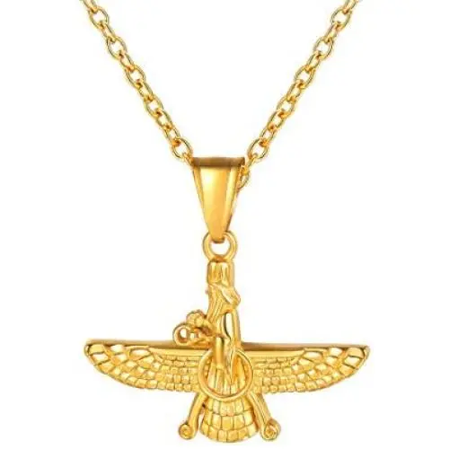 U7 Farvahar Pendant Chain Stainless/Black Gun/18K Gold Plated Symbol Iran Persian Gift Necklace, Customizable U7 Farvahar Pendant Chain Stainless/Black Gun/18K Gold Plated Symbol Iran Persian Gift Necklace, Customizable