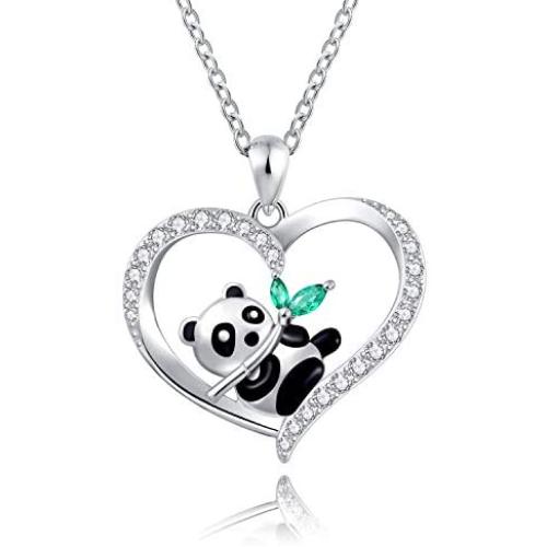 ACJNA 925 Sterling Silver Panda Bear Necklace Bamboo Heart Pendant Engraved I Love You Forever Women Jewelry