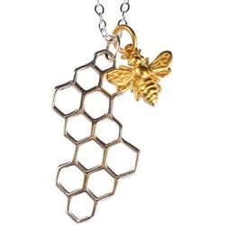 Night Owl Jewelry 24k Gold Plated Bronze Honey Bee and Sterling Silver Honeycomb Necklace- Available in 16'' to 26'' Lengths
