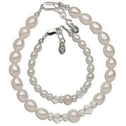 Sterling Silver Mom and Me Cultured Pearl Bracelet Set with High End Crystals for Mother and Daughter
