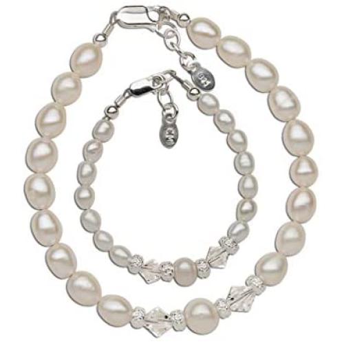 Sterling Silver Mom and Me Cultured Pearl Bracelet Set with High End Crystals for Mother and Daughter
