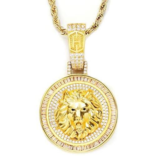 HELLOICE Holiday Gifts Iced Lion Head Pendant Circle Metal Necklace for Men Rapper 18K Gold Plated Pendant Punk Hip Hop Necklace