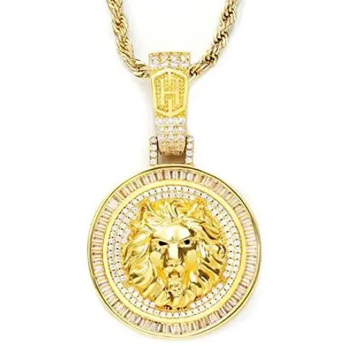 HELLOICE Holiday Gifts Iced Lion Head Pendant Circle Metal Necklace for Men Rapper 18K Gold Plated Pendant Punk Hip Hop Necklace HELLOICE Holiday Gifts Iced Lion Head Pendant Circle Metal Necklace for Men Rapper 18K Gold Plated Pendant Punk Hip Hop Necklace