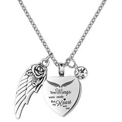 LuxglitterLin Angel Wing Charm Heart Love Urn Necklace for Ashes 12 Colors Birthstone Cremation Jewelry Memorial Pendant-Your Wings were Ready But My Heart was Not