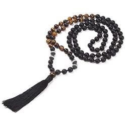 GVUSMIL 108 Mala Beads Necklace Natural Healing Energy Gemstone Charm Jewelry for Buddhist Prayer Rosary Meditation Hand Knitted Beaded Tassel Necklace