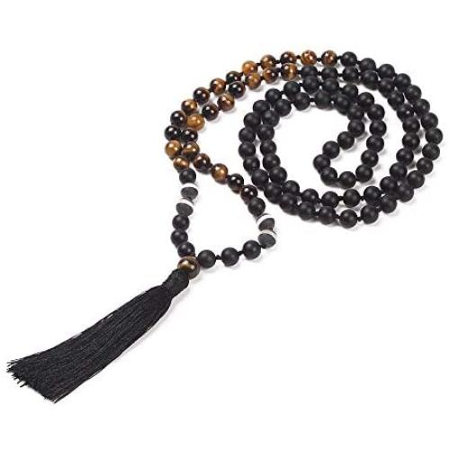 GVUSMIL 108 Mala Beads Necklace Natural Healing Energy Gemstone Charm Jewelry for Buddhist Prayer Rosary Meditation Hand Knitted Beaded Tassel Necklace