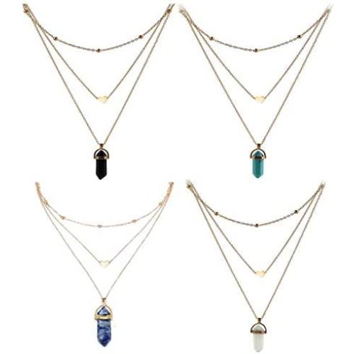 4Pcs Bohemian Layered Love Heart Healing Crystal Stone Beads Chain Choker Necklace Multilayer Hexagonal Quartz Point Pendant Necklace for Women Girl Geometric Gemstone Jewelry