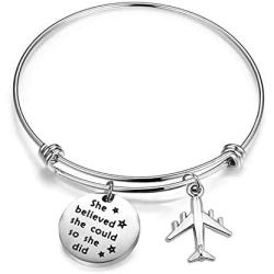 BAUNA Flight Attendant Gift Pilot Gift She Believed She Could So She Did Inspirational Bracelets Aviation Jewelry Graduation Gift for Flight School Student