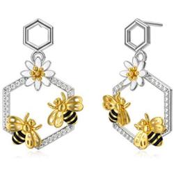 Bee Earrings Sunflower 925 Sterling Silver Beehive Bee Dangle Drop Hooks Cubic Zirconia Earrings Jewelry Gifts for Women Daughter Birthday