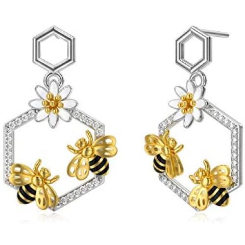 Bee Earrings Sunflower 925 Sterling Silver Beehive Bee Dangle Drop Hooks Cubic Zirconia Earrings Jewelry Gifts for Women Daughter Birthday