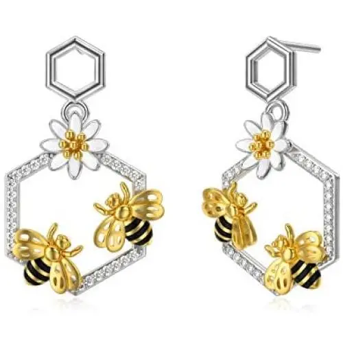 Bee Earrings Sunflower 925 Sterling Silver Beehive Bee Dangle Drop Hooks Cubic Zirconia Earrings Jewelry Gifts for Women Daughter Birthday Bee Earrings Sunflower 925 Sterling Silver Beehive Bee Dangle Drop Hooks Cubic Zirconia Earrings Jewelry Gifts for Women Daughter Birthday