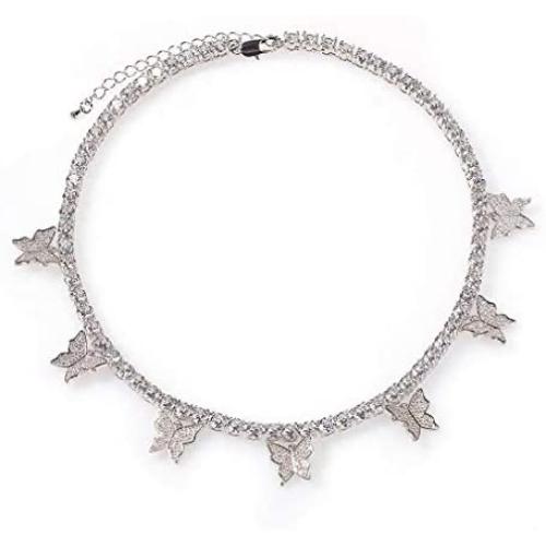 Jacruces Butterfly Necklace Tennis Chain Butterfly Choker Bling Iced CZ Butterfly Necklace Silver Women