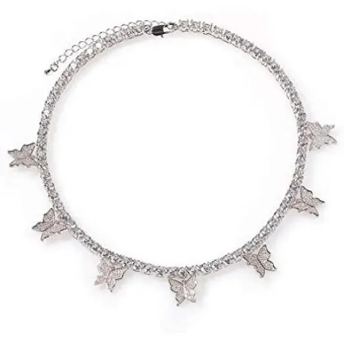 Jacruces Butterfly Necklace Tennis Chain Butterfly Choker Bling Iced CZ Butterfly Necklace Silver Women