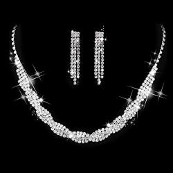 Unicra Bride Silver Necklace Earrings Set Crystal Bridal Wedding Jewelry Set Rhinestone Bridesmaid Party Choker Necklace Drop Dangle Earrings Sets for Women and Girls (Silver-2)