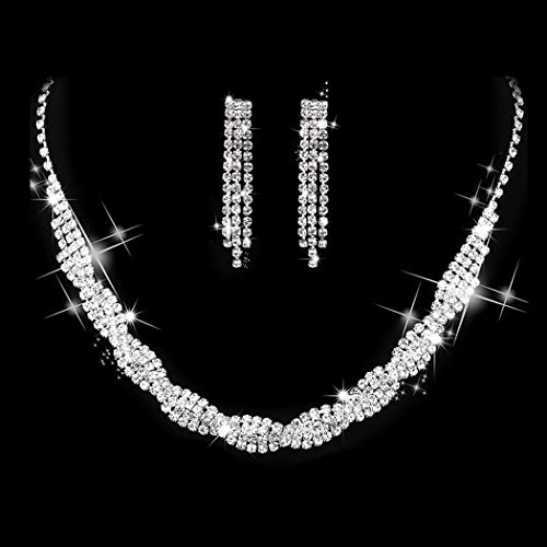 Unicra Bride Silver Necklace Earrings Set Crystal Bridal Wedding Jewelry Set Rhinestone Bridesmaid Party Choker Necklace Drop Dangle Earrings Sets for Women and Girls (Silver-2)