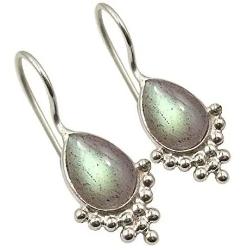 SilverStarJewel Genuine Cabochon Labradorite Antique Look Earrings 1.1'' Solid Sterling Silver SilverStarJewel Genuine Cabochon Labradorite Antique Look Earrings 1.1'' Solid Sterling Silver