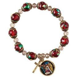 Beaded Rosary Bracelet Let Us Adore Him with Cross Charm, Red and Green Iridescent Beads, Religious Jewelry for Women, 7 1/2 Inch