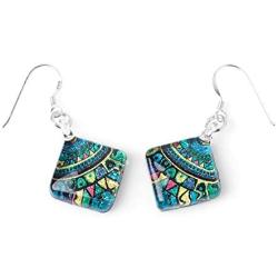 SUVANI Sterling Silver Glass Jewelry Colorful Glittering Retro Abstract Art Square Dangle Earrings