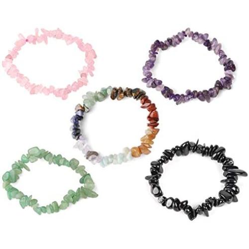 5 Pcs Natural Gemstone Chakra Crystal Healing Chip Stretch Bracelets,Gemstone Polished Irregular Crystals Stone Reiki Yoga Chipped Gravel Bead Jewelry Accessories