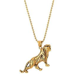 COOLSTEELANDBEYOND Mens Womens Stainless Steel Roaring Tiger Pendant Necklace, Gold Black, 30 inches Ball Chain, Unique