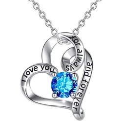 Birthstone Necklaces For Women, AEONSLOVE Sterling Silver Heart Necklace with Birthstone Heart Crystal Pendant I Love You for Always and Forever Birthstone Jewelry Gifts For Mothers Mom Grandma