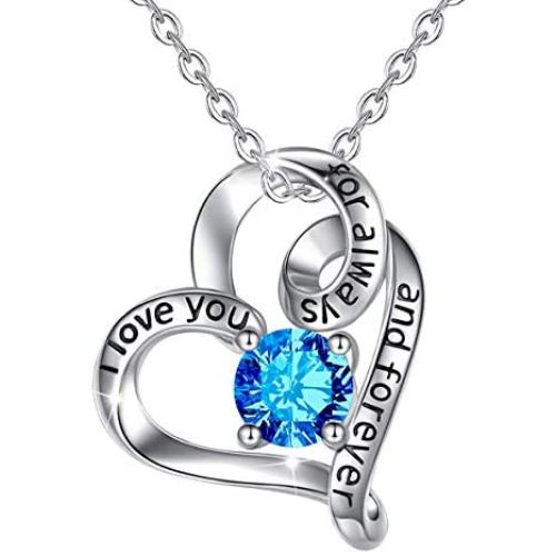 Birthstone Necklaces For Women, AEONSLOVE Sterling Silver Heart Necklace with Birthstone Heart Crystal Pendant I Love You for Always and Forever Birthstone Jewelry Gifts For Mothers Mom Grandma