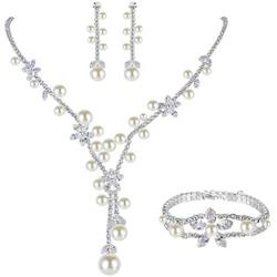 EVER FAITH Silver-Tone CZ Austrian Crystal Cream Simulated Pearl Elegant Flower Jewelry Set