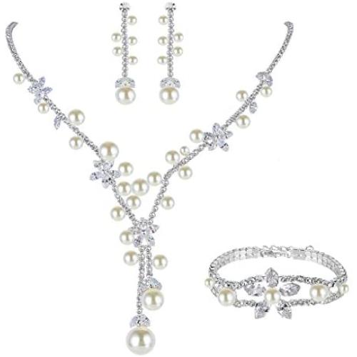 EVER FAITH Silver-Tone CZ Austrian Crystal Cream Simulated Pearl Elegant Flower Jewelry Set