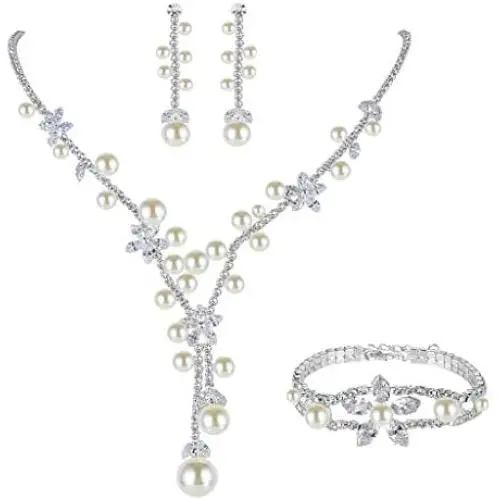 EVER FAITH Silver-Tone CZ Austrian Crystal Cream Simulated Pearl Elegant Flower Jewelry Set EVER FAITH Silver-Tone CZ Austrian Crystal Cream Simulated Pearl Elegant Flower Jewelry Set