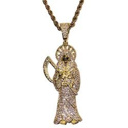 Shop-iGold Men Women 925 Italy Gold Finish Iced Santa Muerte Charm Ice Out Pendant Stainless Steel Real 2 mm Rope Chain Necklace, Mens Jewelry, Iced Pendant, Rope Necklace