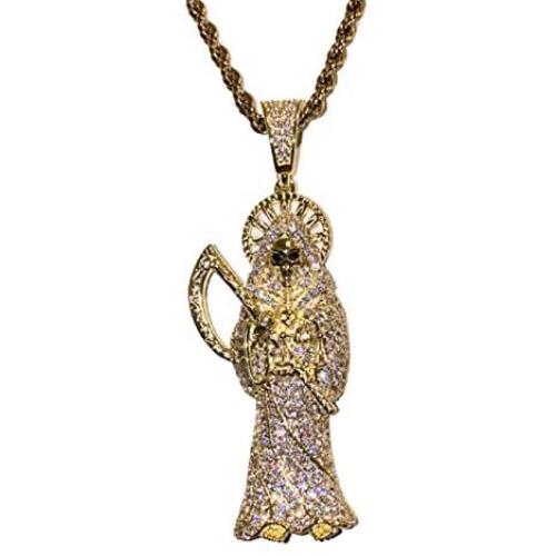 Shop-iGold Men Women 925 Italy Gold Finish Iced Santa Muerte Charm Ice Out Pendant Stainless Steel Real 2 mm Rope Chain Necklace, Mens Jewelry, Iced Pendant, Rope Necklace
