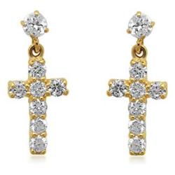 Jewelili 10K Yellow Gold 2MM and 3MM Swarovski White Cubic Zirconia Cross Dangle Earrings