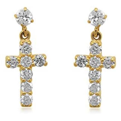 Jewelili 10K Yellow Gold 2MM and 3MM Swarovski White Cubic Zirconia Cross Dangle Earrings Jewelili 10K Yellow Gold 2MM and 3MM Swarovski White Cubic Zirconia Cross Dangle Earrings