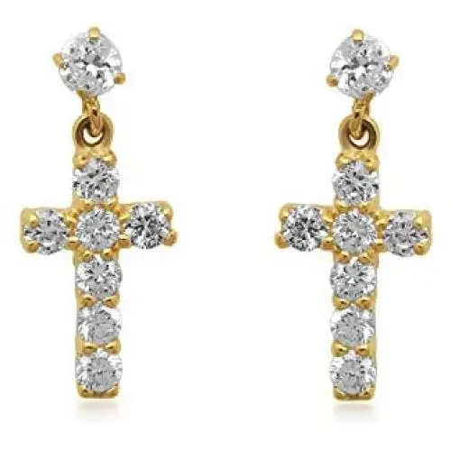 Jewelili 10K Yellow Gold 2MM and 3MM Swarovski White Cubic Zirconia Cross Dangle Earrings