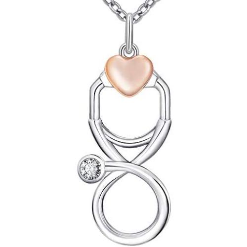 JZCOLOR 925 Sterling Silver Unique Doctor Nurse Stethoscope Simple Infinity Charm Heart Pendant Necklaces Jewelry Gifts for Doctor Nurse