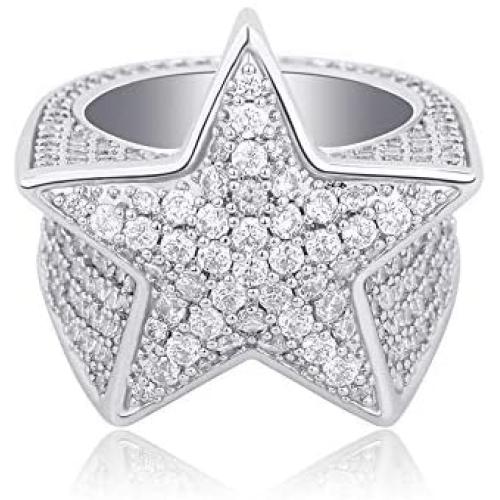 TOPGRILLZ 14K Gold or White Gold 6 Times Plated 3D Star Hip Hop Iced Out Lab Diamond 5A+ Cubic Zirconia Bling Fashion Ring for Men and Women Boys Jewelry Gift