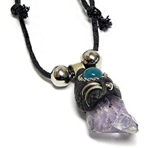 Mia Jewel Shop Natural Raw Rough Healing Gemstone Pendant Round Chrysocolla Stone Adjustable Necklace (Purple Amethyst)