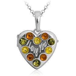 Sterling Silver Multicolor Amber Heart Locket Pendant Chain 18 Inches