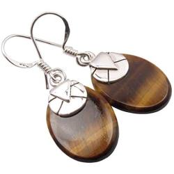 SilverStarJewel Natural Tigers Eye Earrings 1.4'' 4.5 Grams 0.925 Solid Silver New Stone